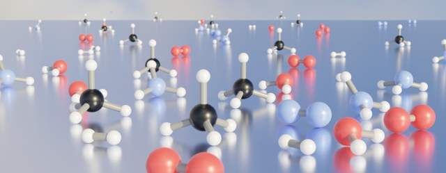 分子模型が並んでいるイメージ図(炭素・水素・酸素などの原子を示すカラーボール模型)