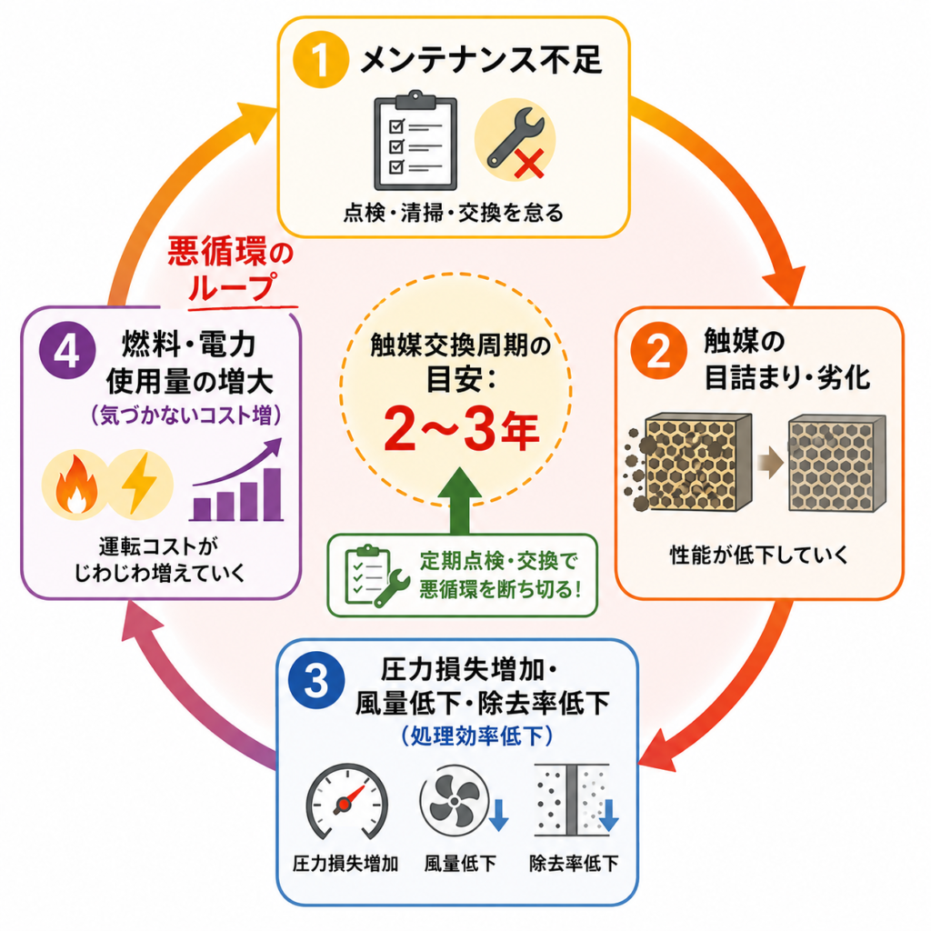 触媒燃焼式脱臭装置のメンテナンス不足による悪循環のイメージ