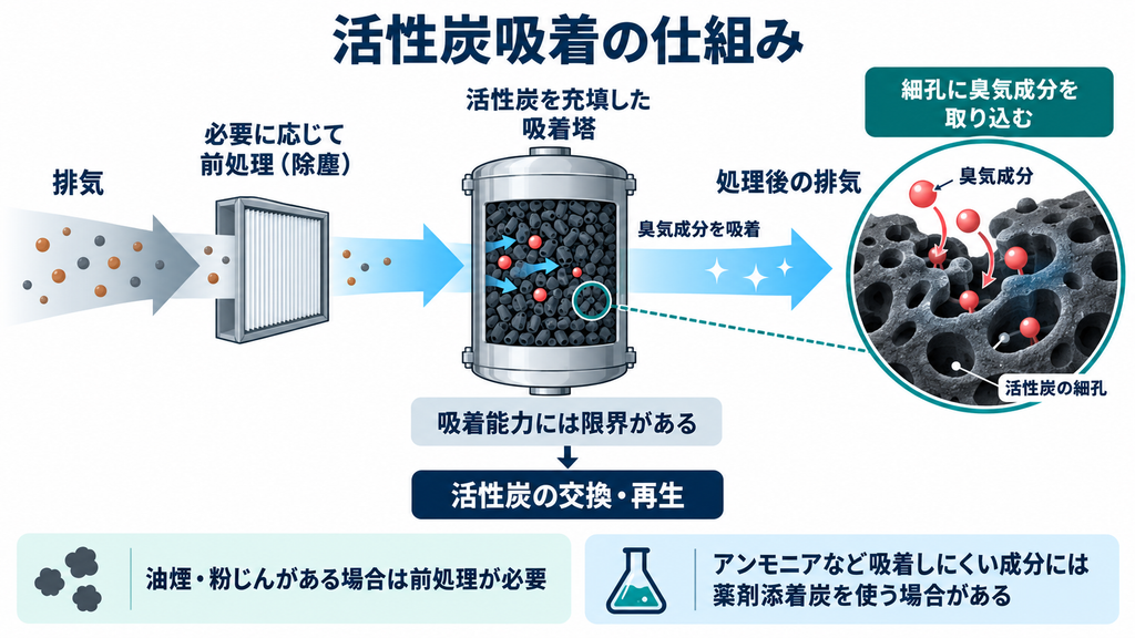 活性炭の細孔に臭気成分を吸着させて排気を処理する流れを示す図