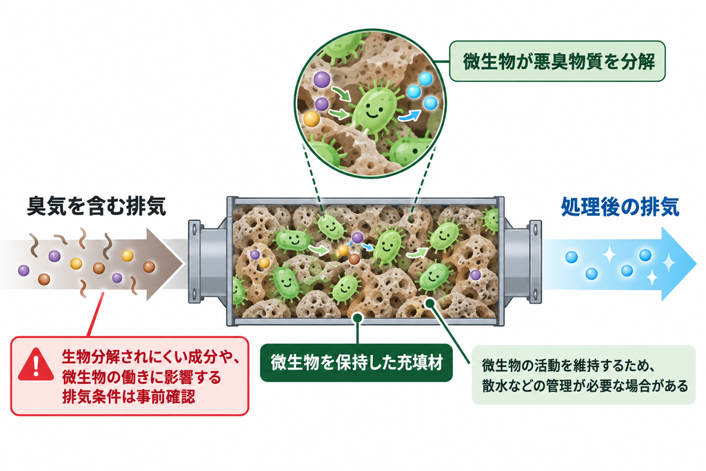 微生物を保持した充填材に排気を通し臭気成分を分解する仕組みの図