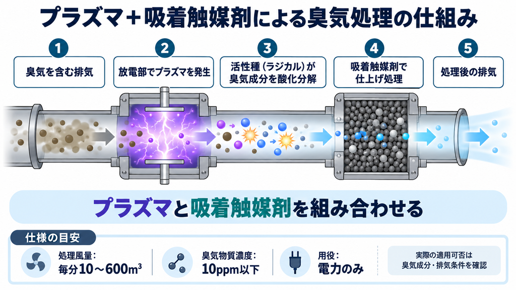 放電で生じる活性種と吸着触媒剤で臭気成分を処理する流れの図